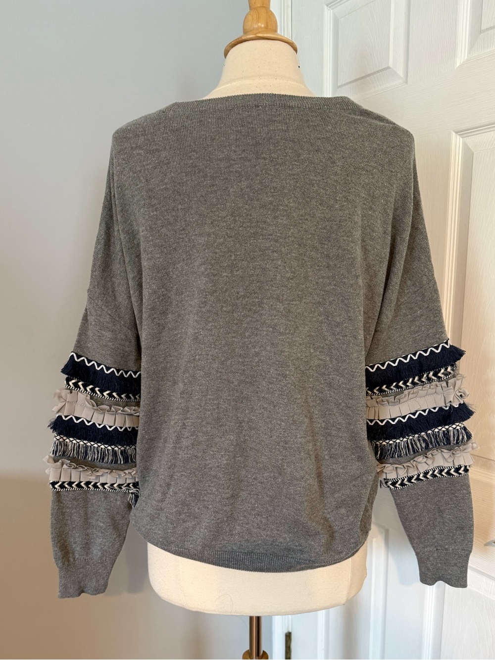 ANA Gray Fringe Sleeve Knit Sweater